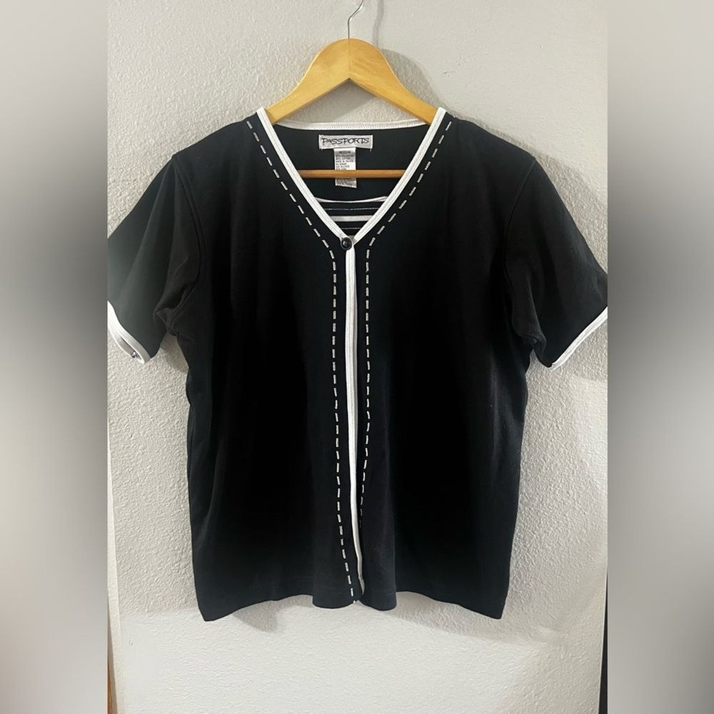 Vintage Women's Passports SZ Medium Black and White Striped Shirt Cardigan 90s